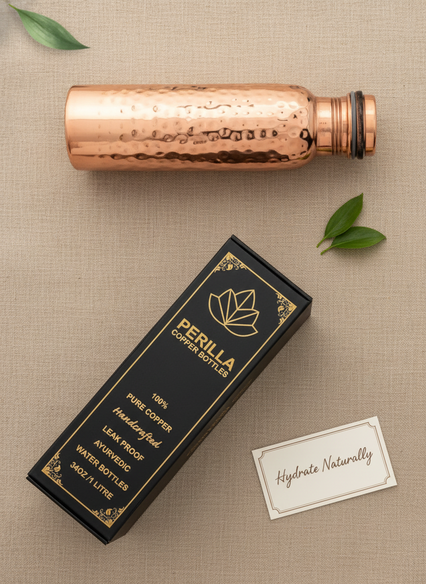 A luxurious flat-lay close-up of a gleaming pure copper Ayurvedic water bottle on a warm, earthy-toned linen background.